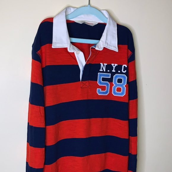 H&M RUGBY POLO JERSEY LONG-SLEEVE EMBROIDERY PATCH STRIPED SLUB SHIRT TOP 8-10 - Picture 3 of 8